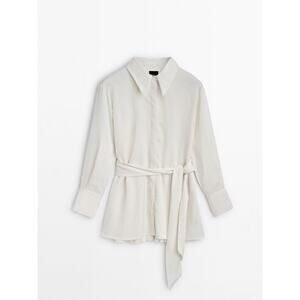 Massimo Dutti Pleated White 'Studio' Shirt With Tie Detail Size S